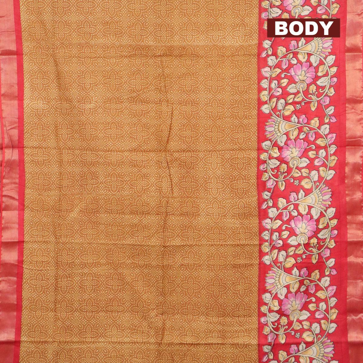Bhagalpuri saree dark mustard and red with allover bandhani prints and long kalamkari printed zari border - Image 2