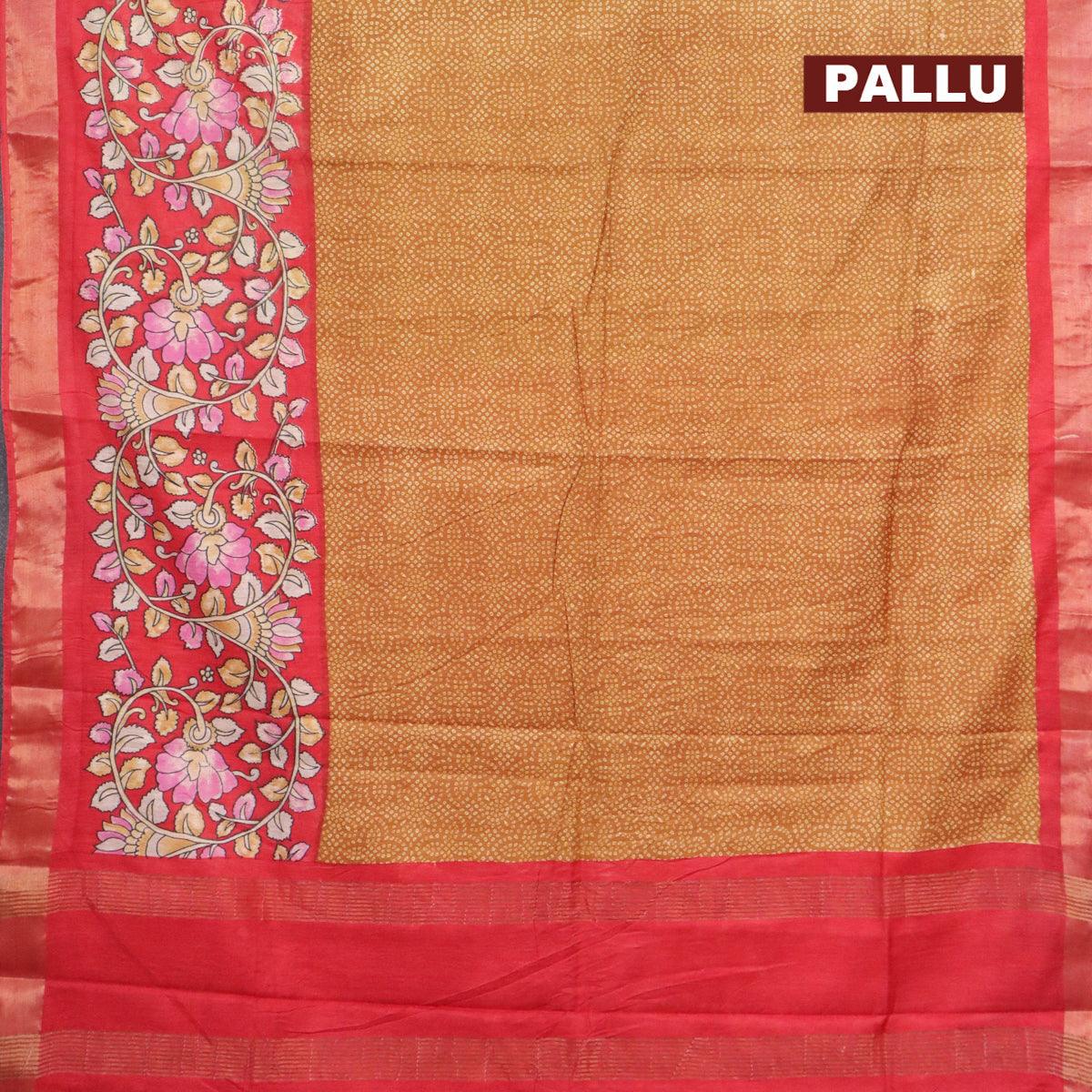 Bhagalpuri saree dark mustard and red with allover bandhani prints and long kalamkari printed zari border - Image 3