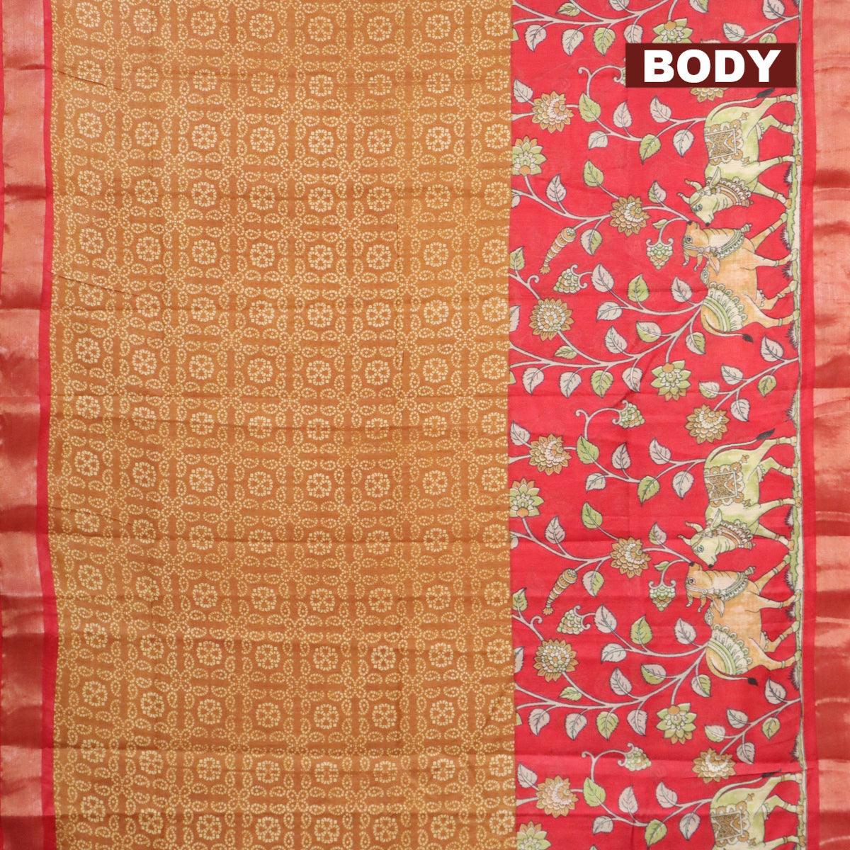 Bhagalpuri saree dark mustard and red with allover bandhani prints and long pichwai printed zari woven border - Image 2