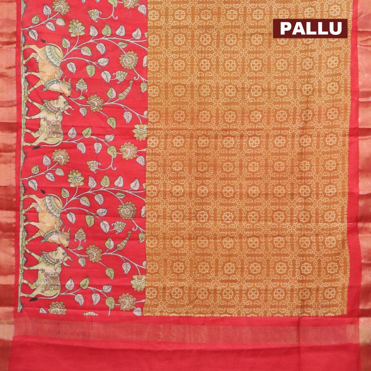 Bhagalpuri saree dark mustard and red with allover bandhani prints and long pichwai printed zari woven border - Image 3