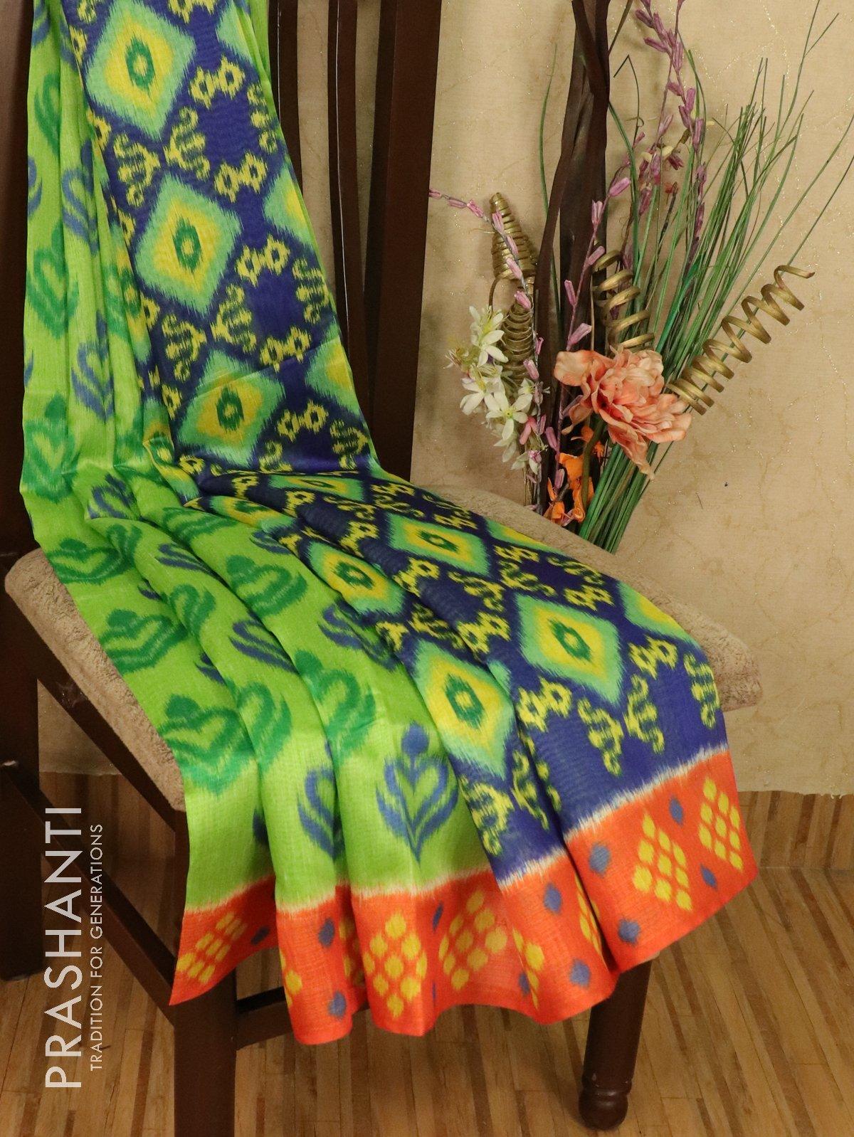 Bhagalpuri saree green and blue with allover ikat prints and simple zari border - TFR5990 - Image 2