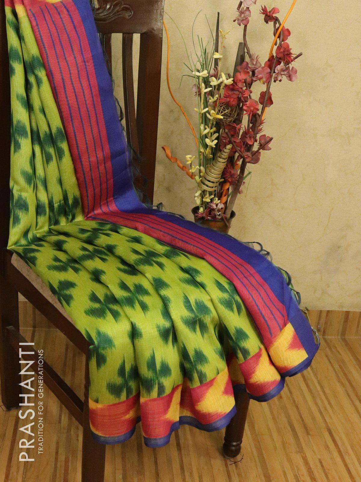 Bhagalpuri saree green and pink with allover ikat prints and simple zari border - Image 2