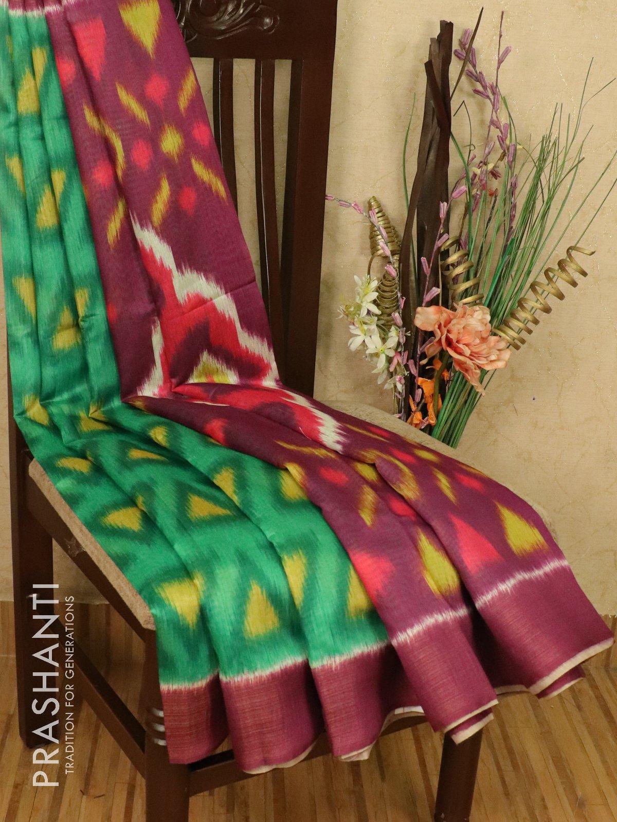 Bhagalpuri saree green and purple with allover ikat prints and simple zari border - Image 2