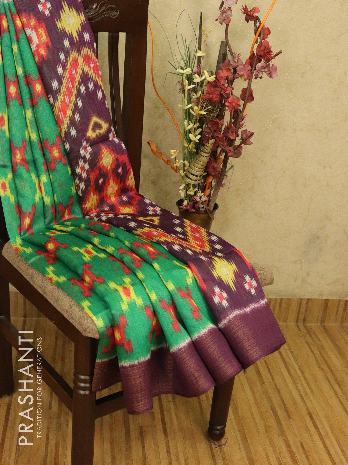 Bhagalpuri saree green and purple with allover ikat prints and simple zari border - TFR5900 - Image 2