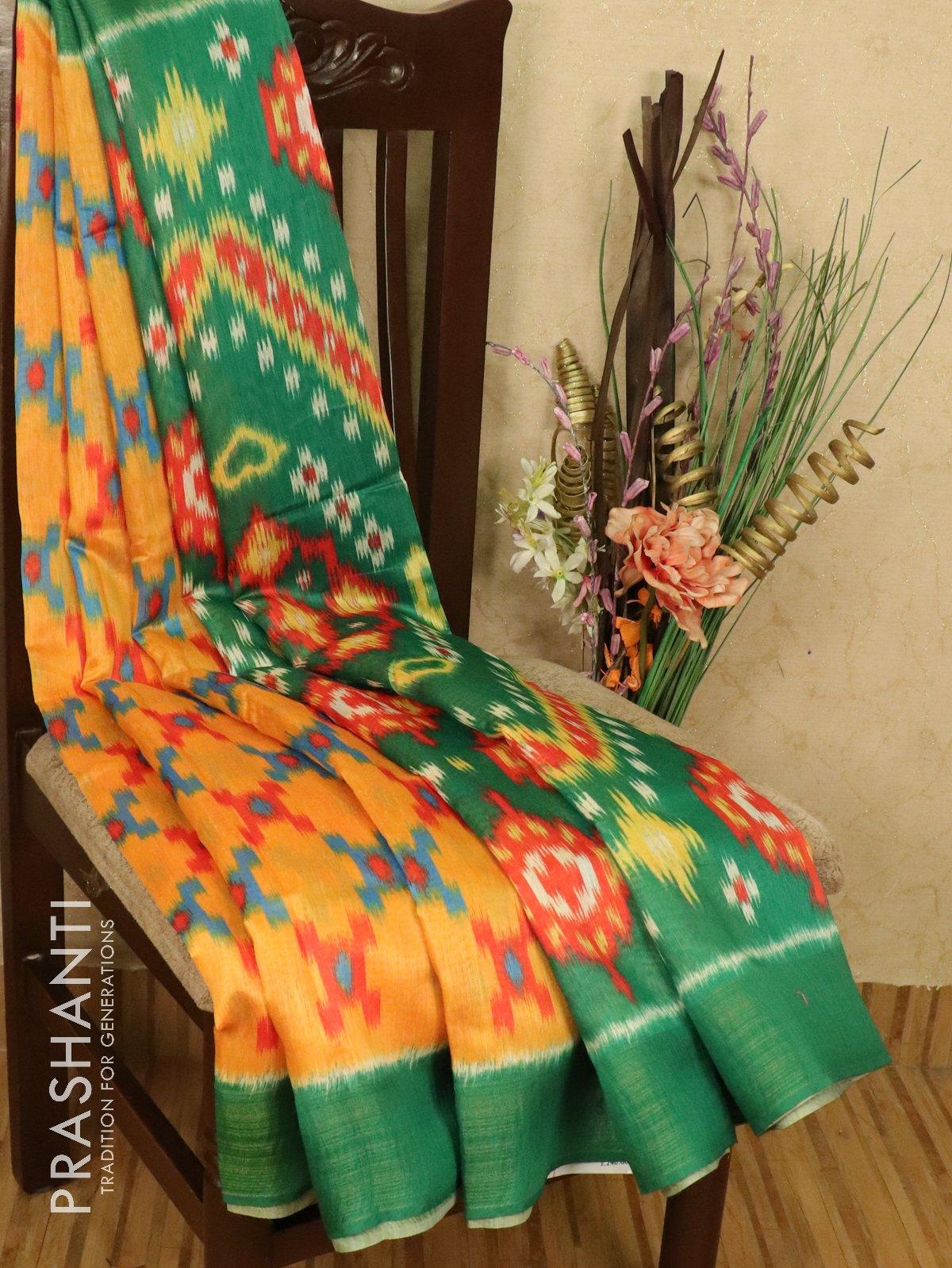 Bhagalpuri saree mango yellow and green with allover ikat prints and simple zari border - Image 2