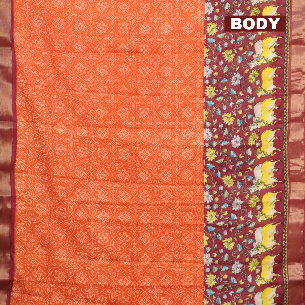 Bhagalpuri saree orange and maroon with allover bandhani prints and long pichwai printed zari woven border - Image 2