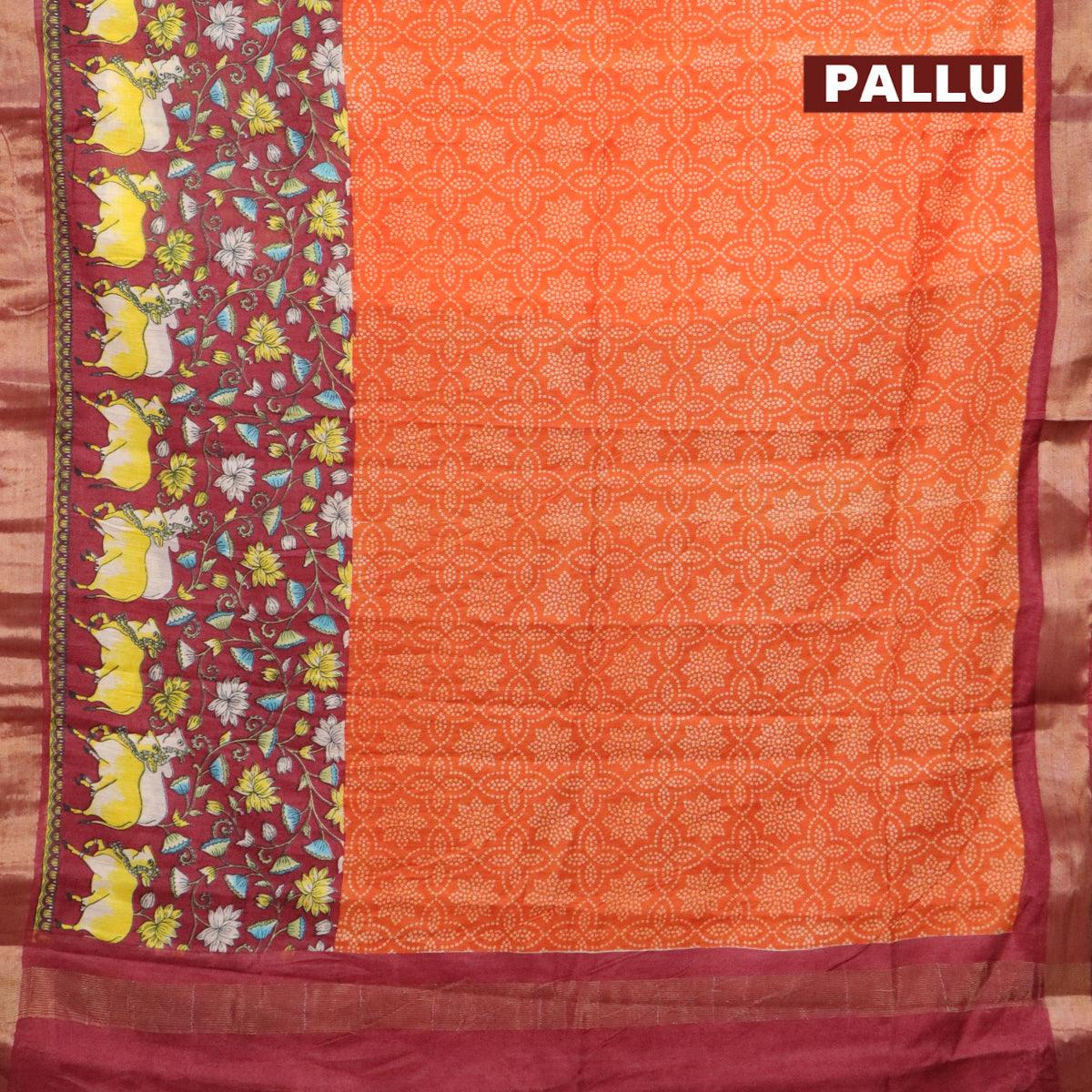 Bhagalpuri saree orange and maroon with allover bandhani prints and long pichwai printed zari woven border - Image 3