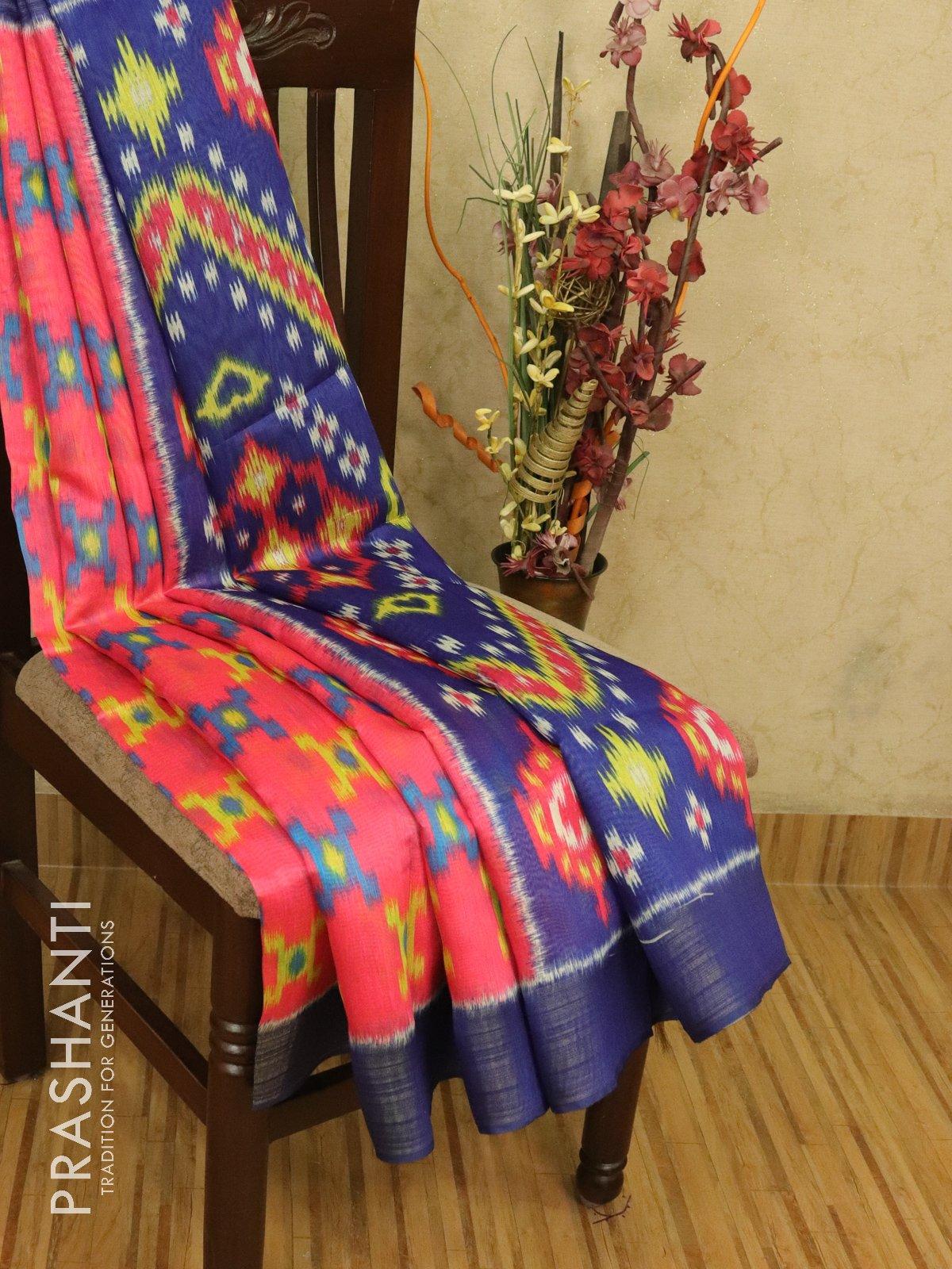 Bhagalpuri saree pink and blue with allover ikat prints and simple zari border - TFR5898 - Image 2