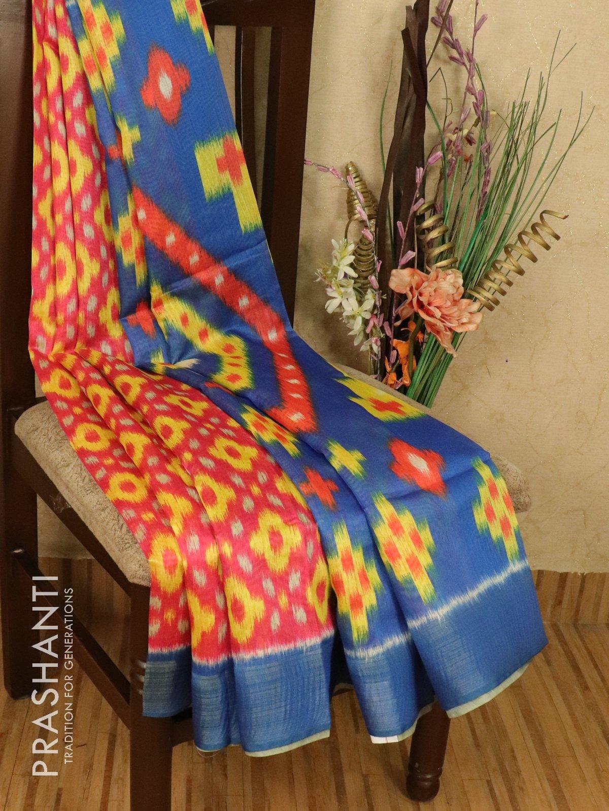Bhagalpuri saree pink and blue with allover ikat prints and simple zari border - Image 2