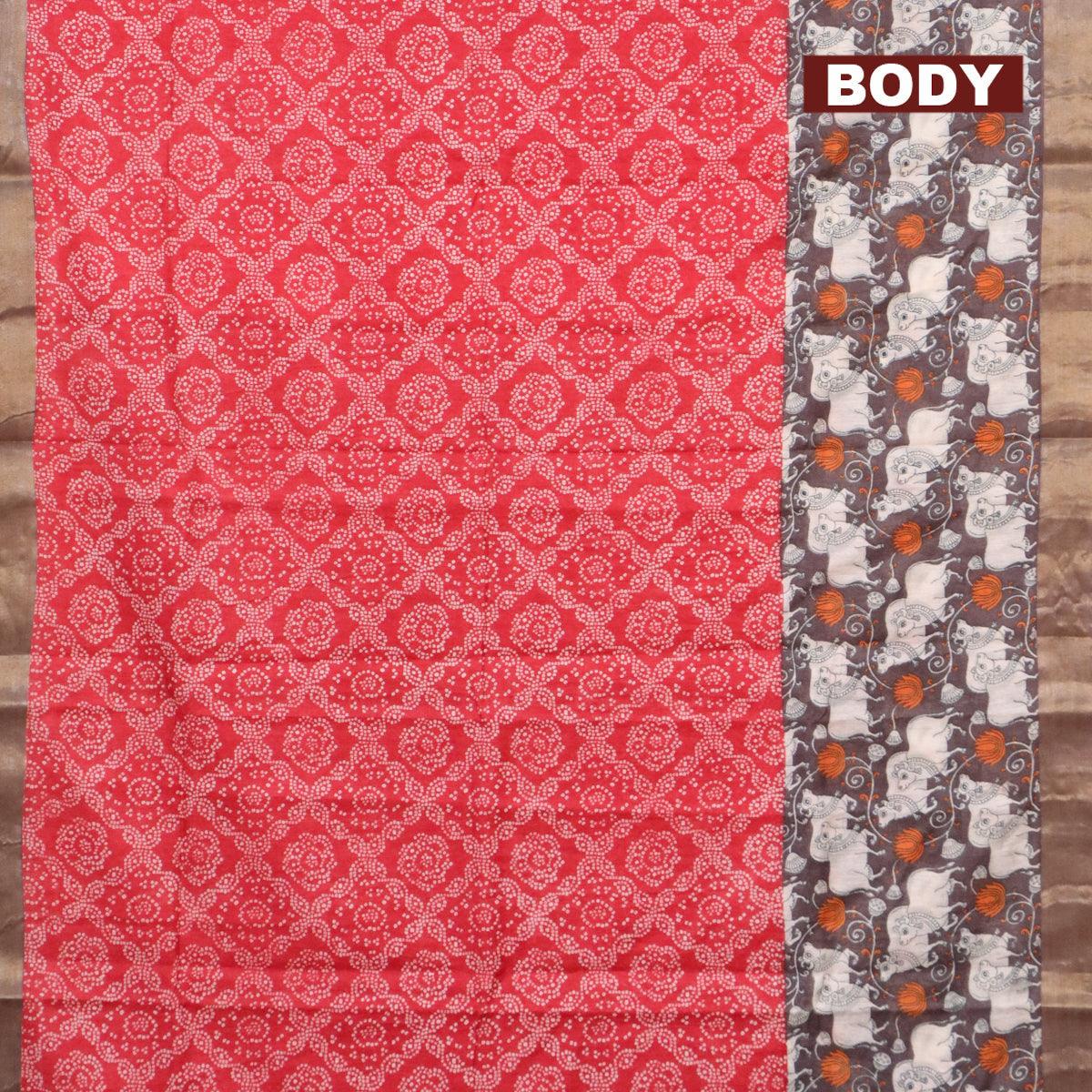 Bhagalpuri saree red and brown with allover bandhani prints and long pichwai printed zari woven border - Image 2