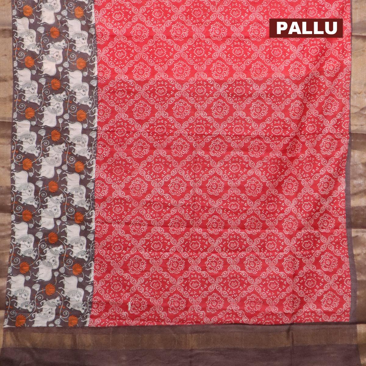 Bhagalpuri saree red and brown with allover bandhani prints and long pichwai printed zari woven border - Image 3
