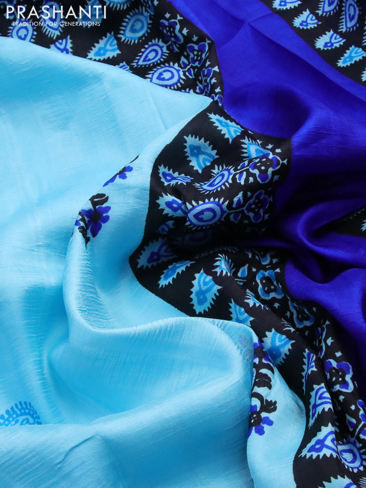 Bishnupuri silk saree light blue and black blue with butta prints and printed border - Image 3