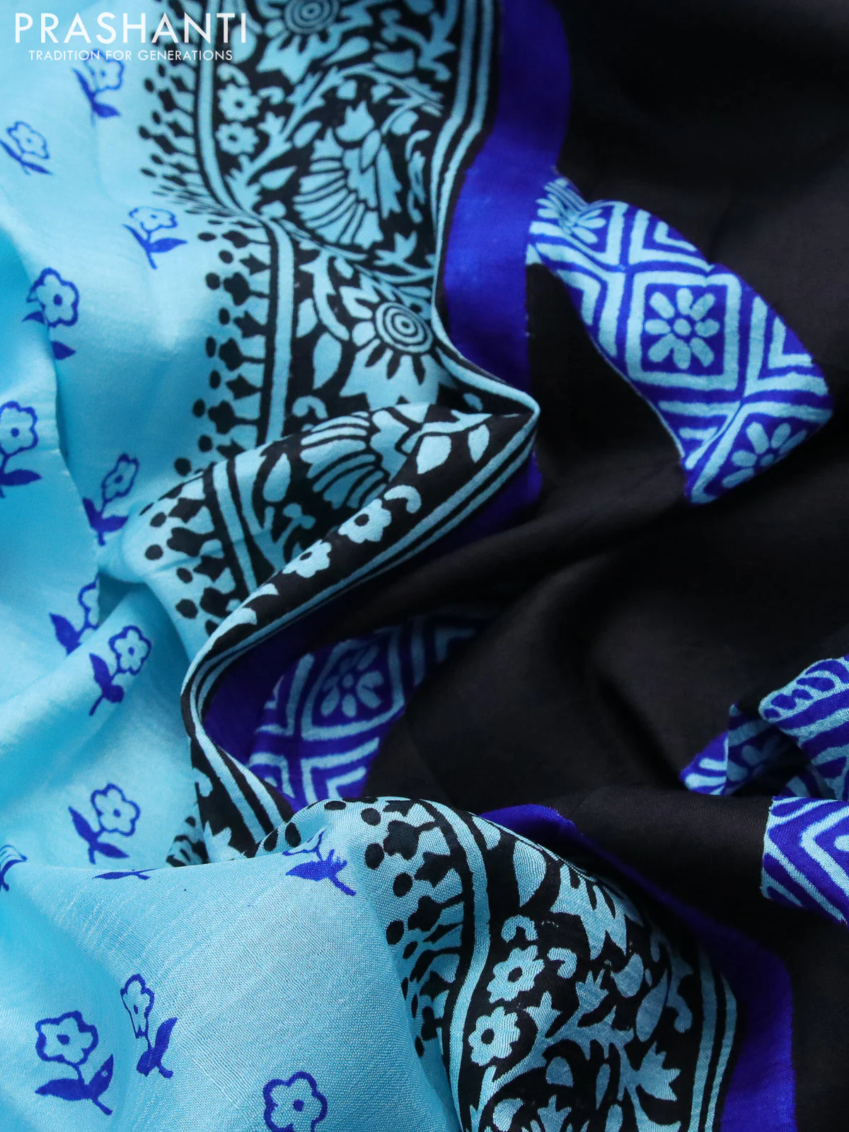 Bishnupuri silk saree light blue and black with floral butta prints and printed border - Image 3