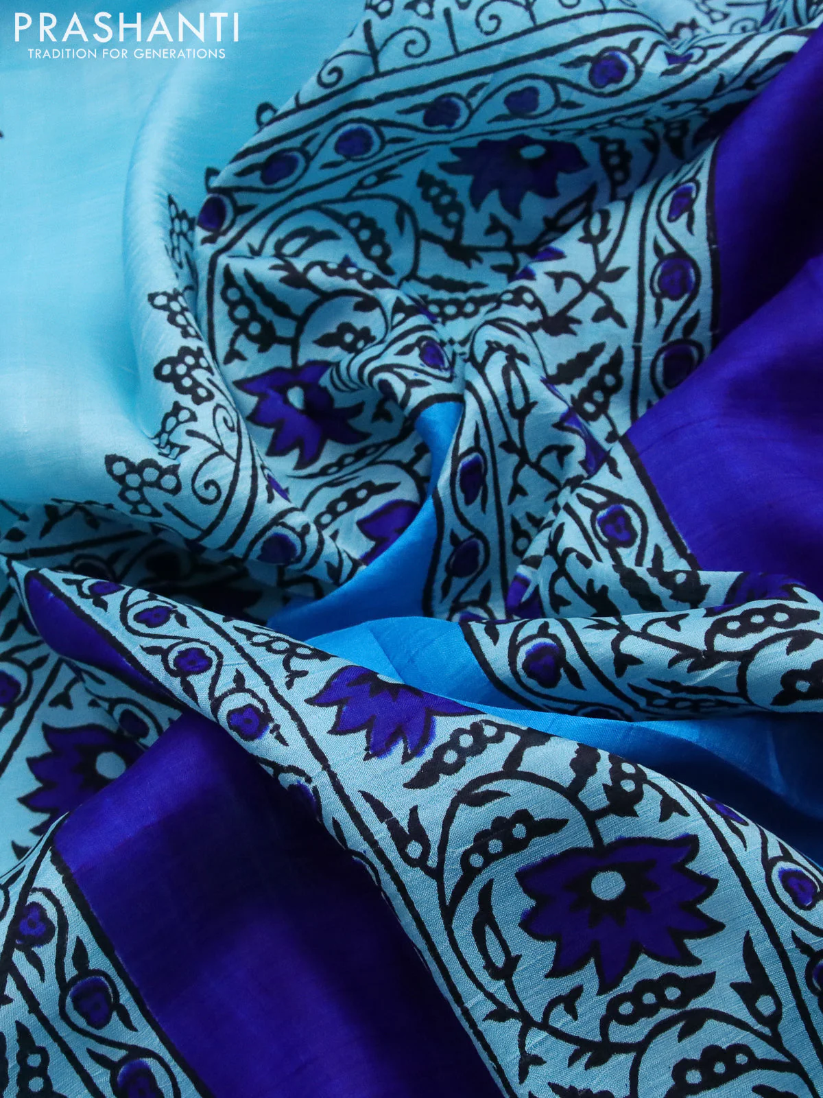 Bishnupuri silk saree light blue and blue with butta prints and printed border - Image 3