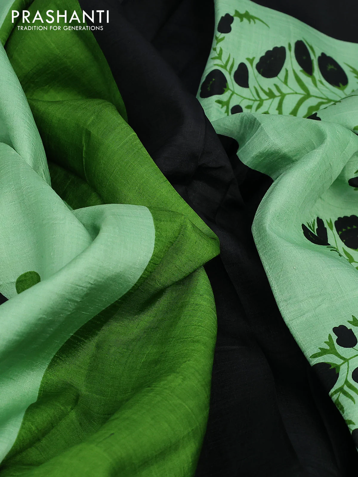 Bishnupuri silk saree pastel green and black with butta prints and printed border - Image 3