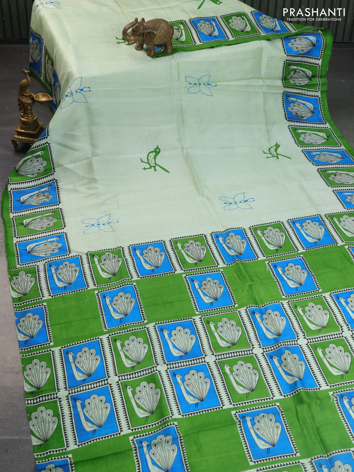 Bishnupuri silk saree pastel green and cs blue green with butta prints and printed border - Image 2