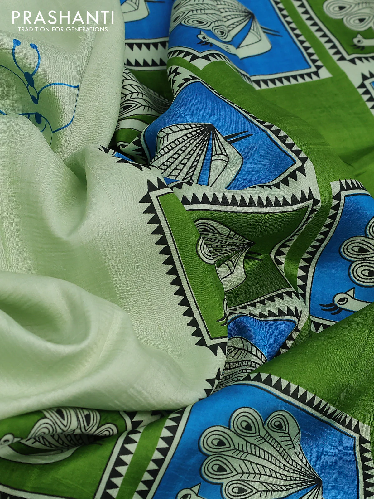 Bishnupuri silk saree pastel green and cs blue green with butta prints and printed border - Image 3