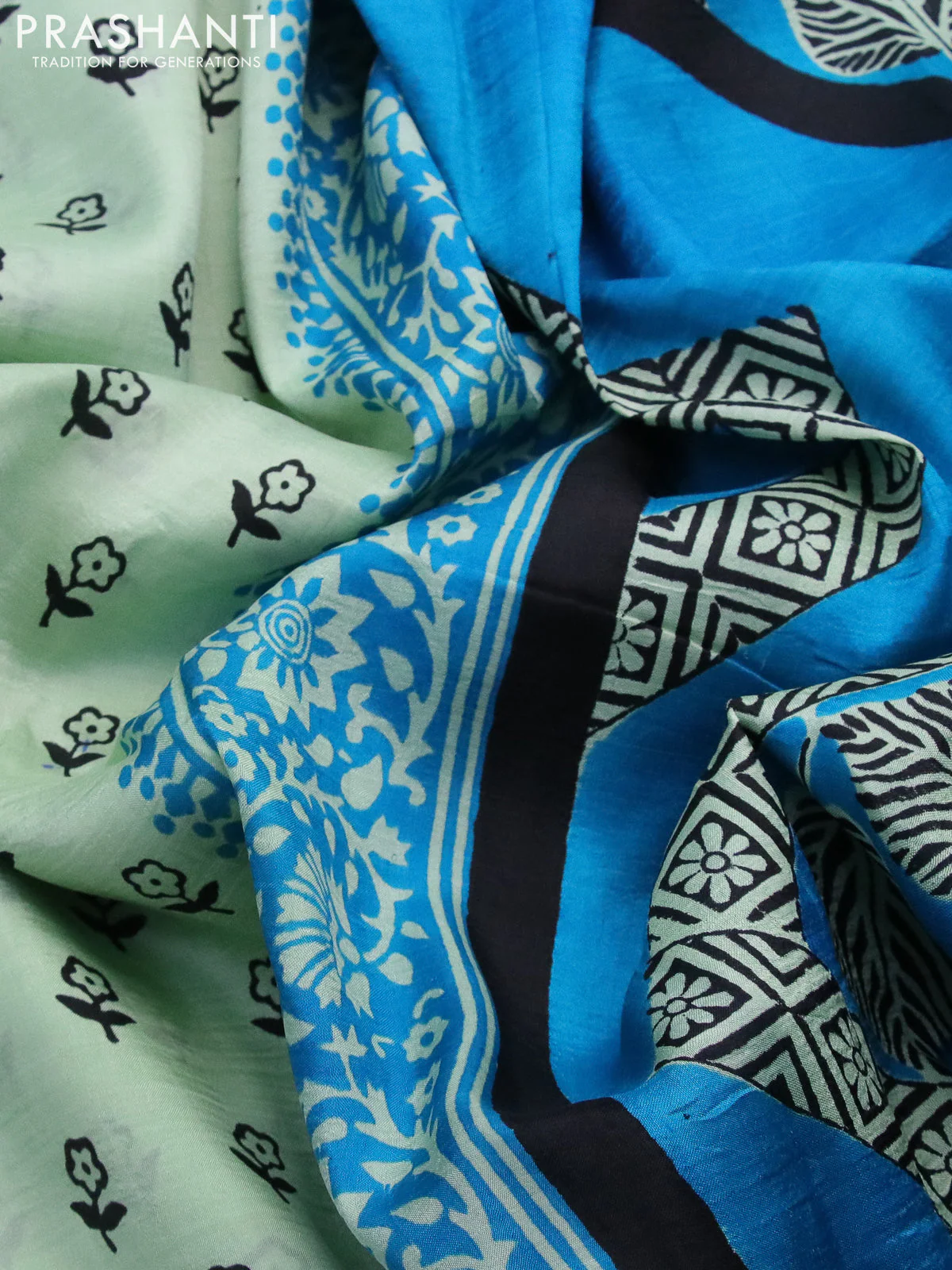 Bishnupuri silk saree pastel green and cs blue with floral butta prints and printed border - Image 3