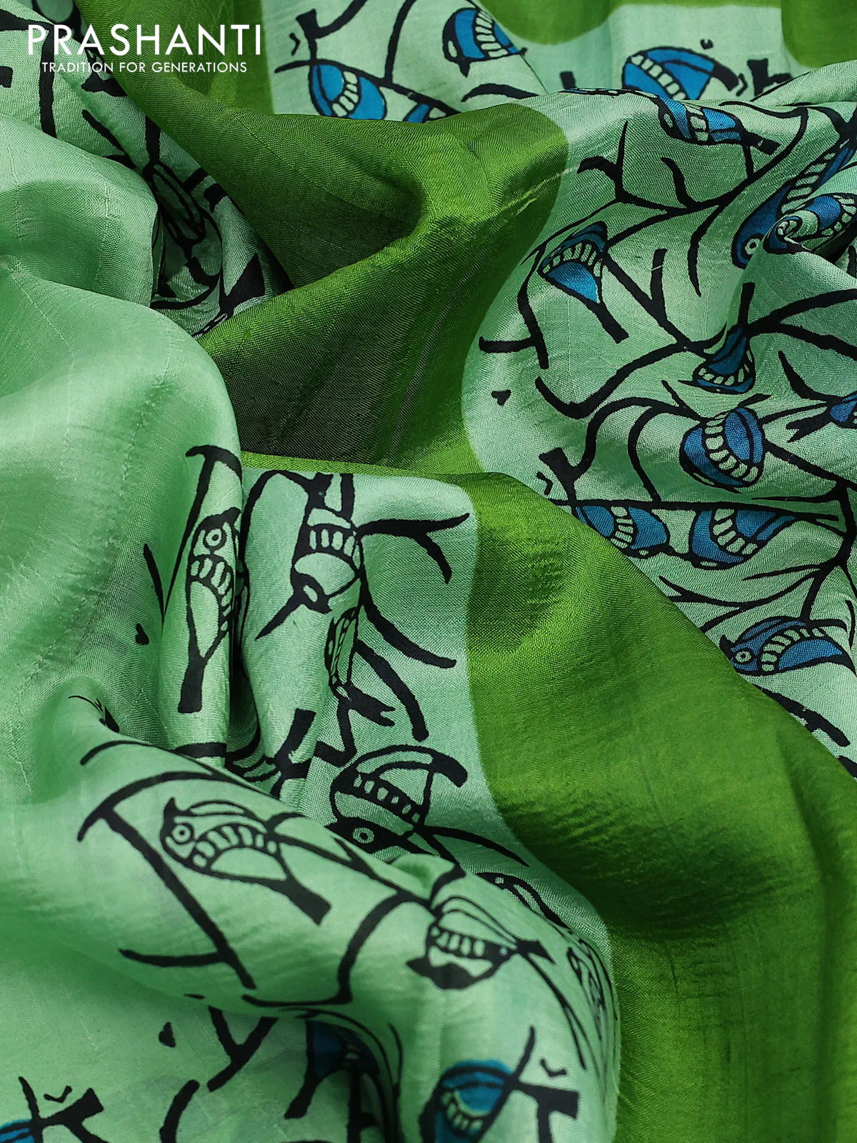 Bishnupuri silk saree pastel green and teal blue with butta prints and printed border - Image 3
