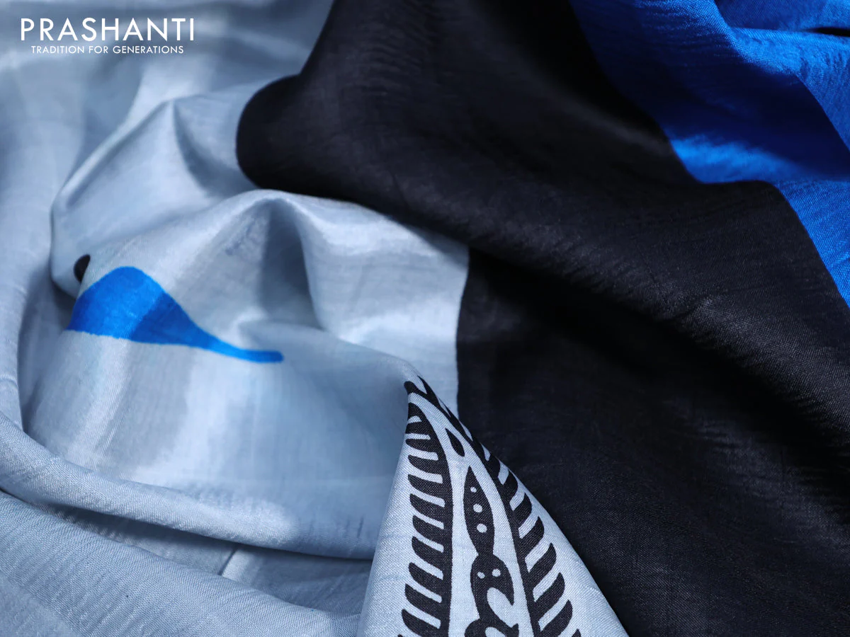 Bishnupuri silk saree pastel grey and black with butta prints and printed border - Image 3