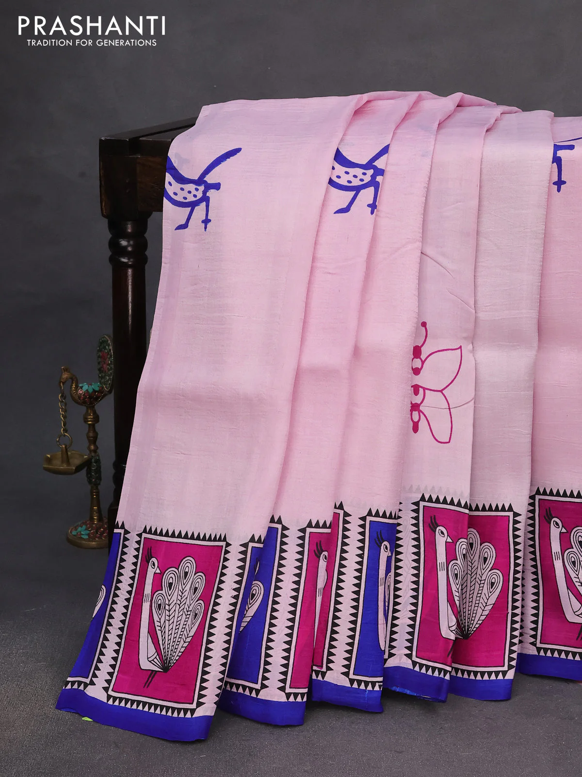 Bishnupuri silk saree pastel pink and blue magenta pink with butta prints and printed border