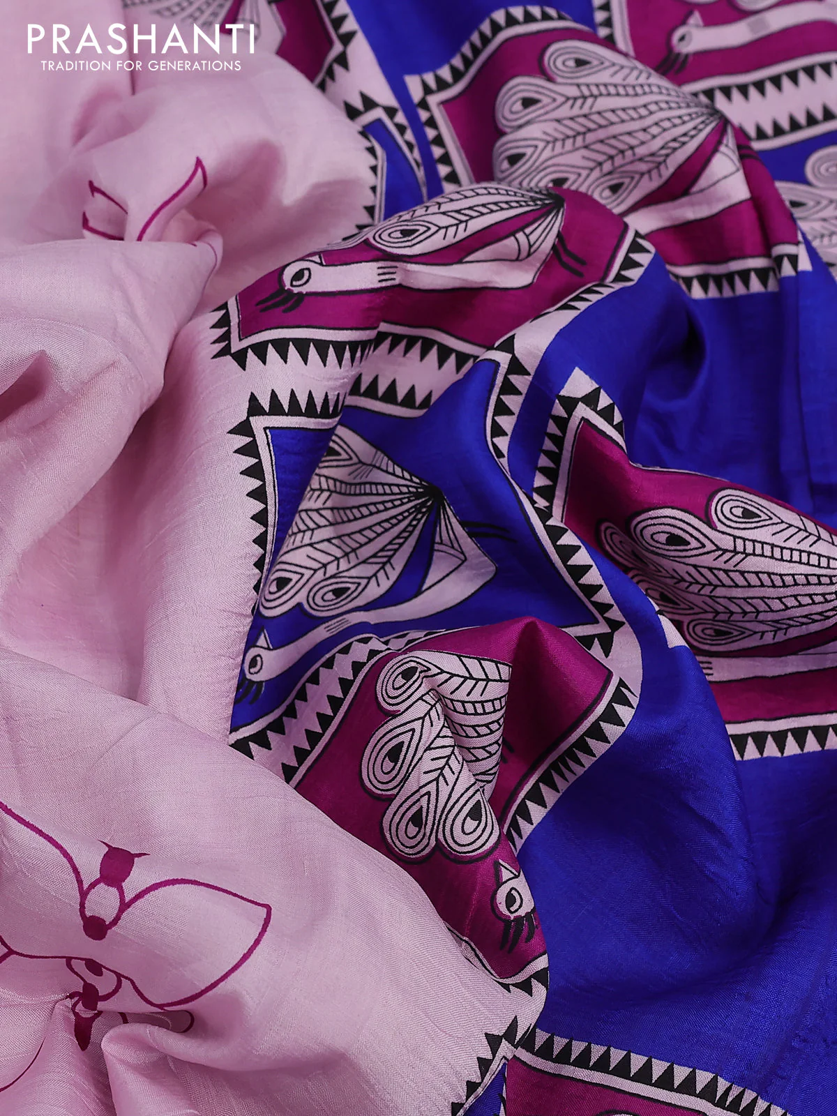 Bishnupuri silk saree pastel pink and blue magenta pink with butta prints and printed border - Image 3