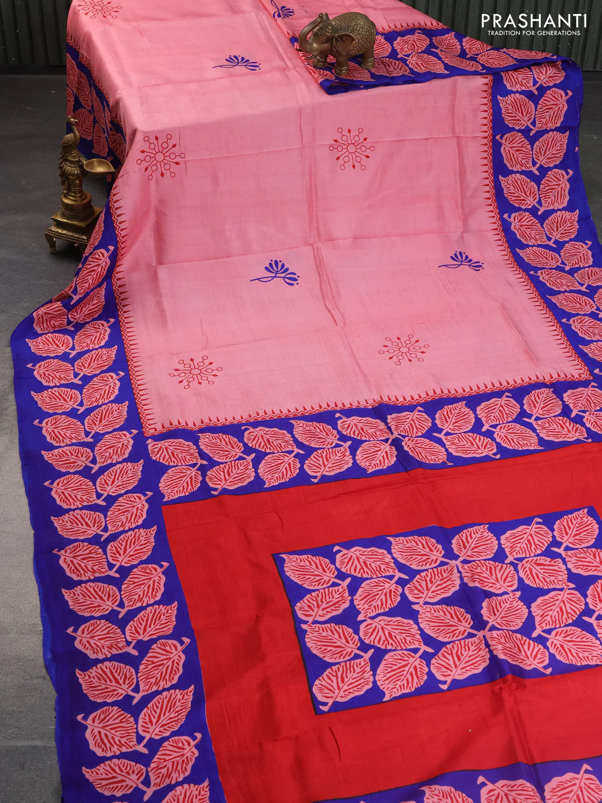 Bishnupuri silk saree peach pink and blue with butta prints and printed border - Image 2
