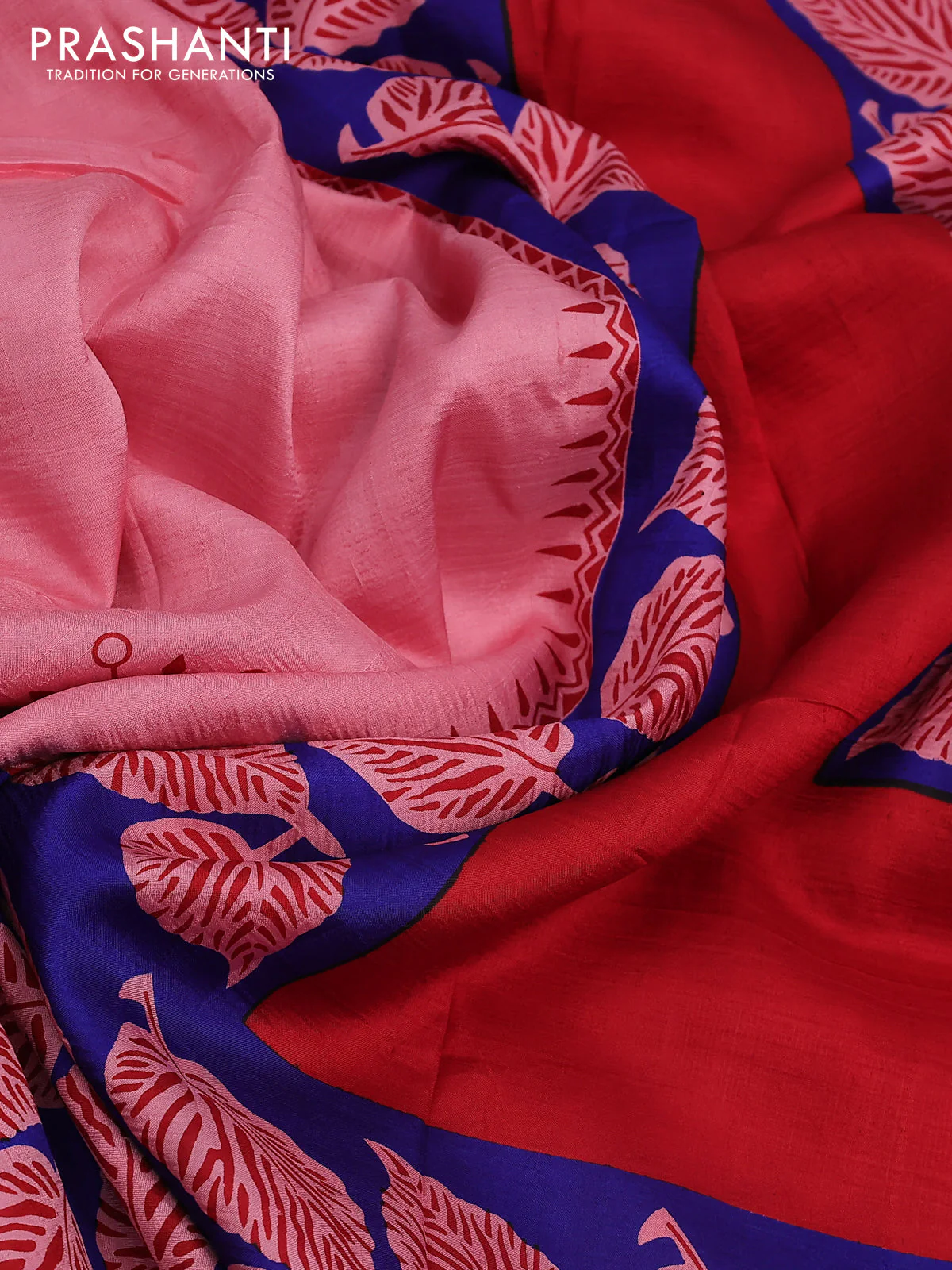 Bishnupuri silk saree peach pink and blue with butta prints and printed border - Image 3