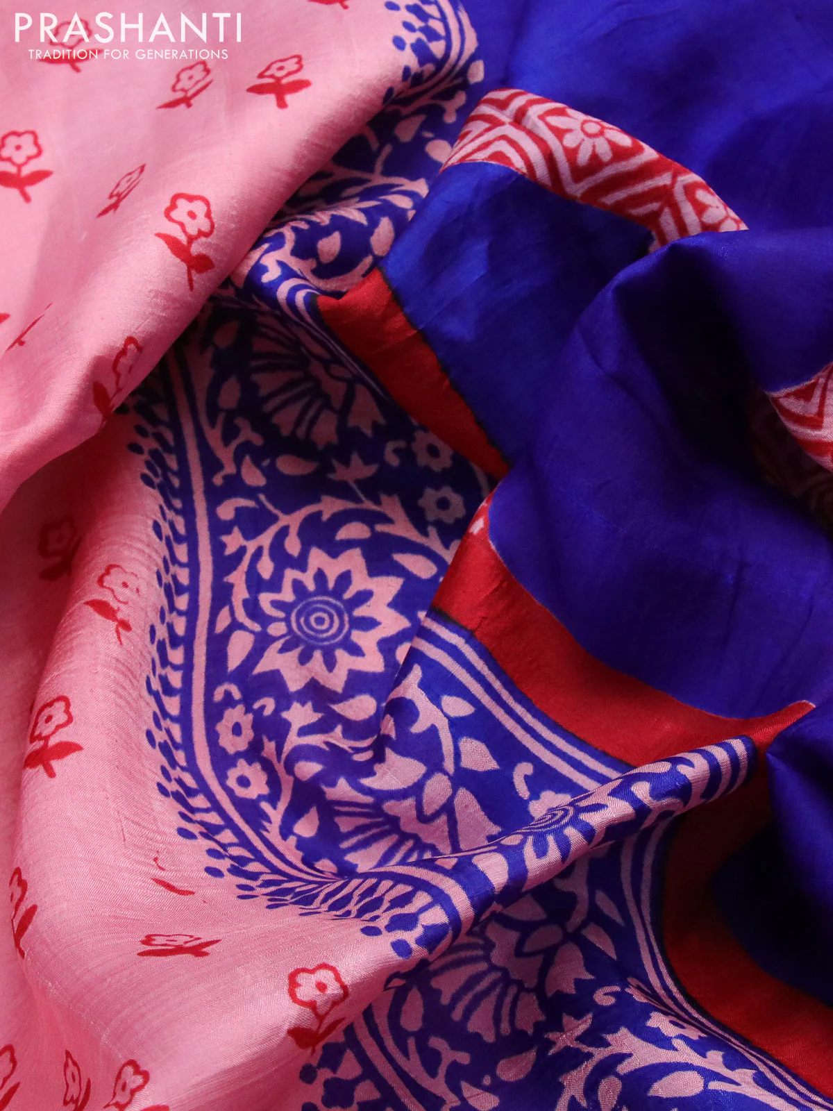 Bishnupuri silk saree peach pink and blue with floral butta prints and printed border - Image 3
