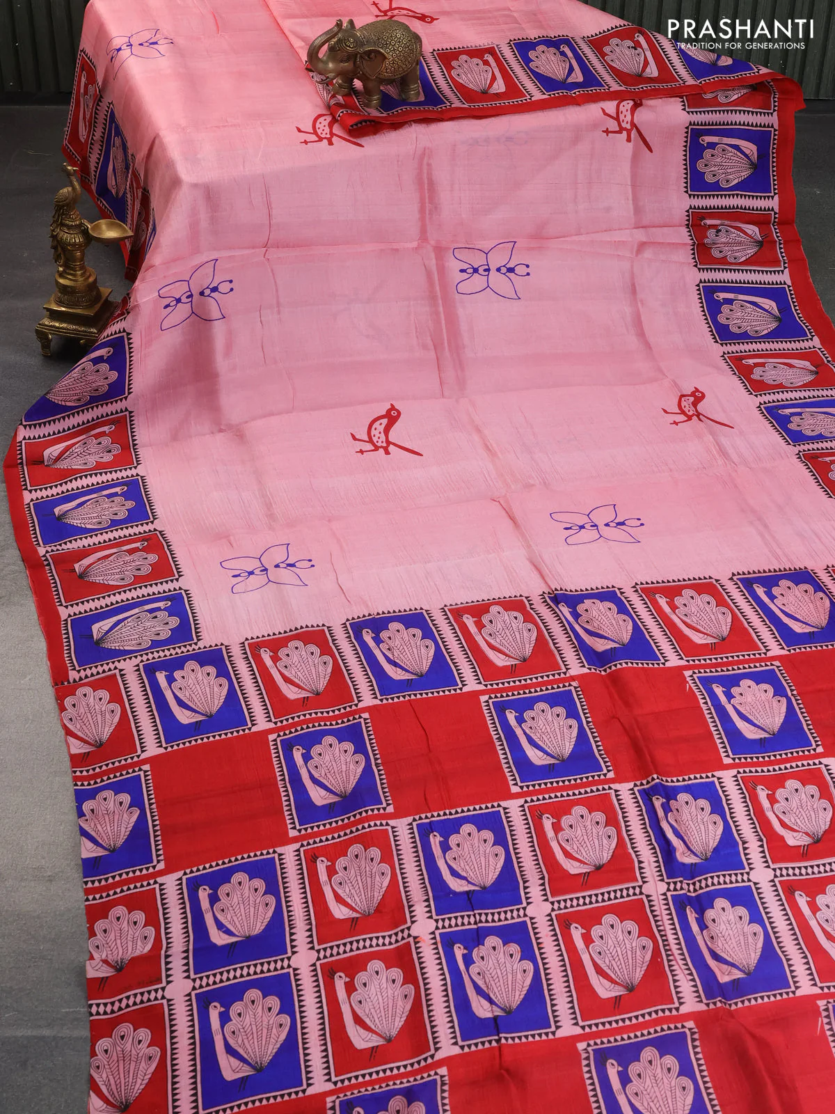 Bishnupuri silk saree peach pink and red blue with butta prints and printed border - Image 2