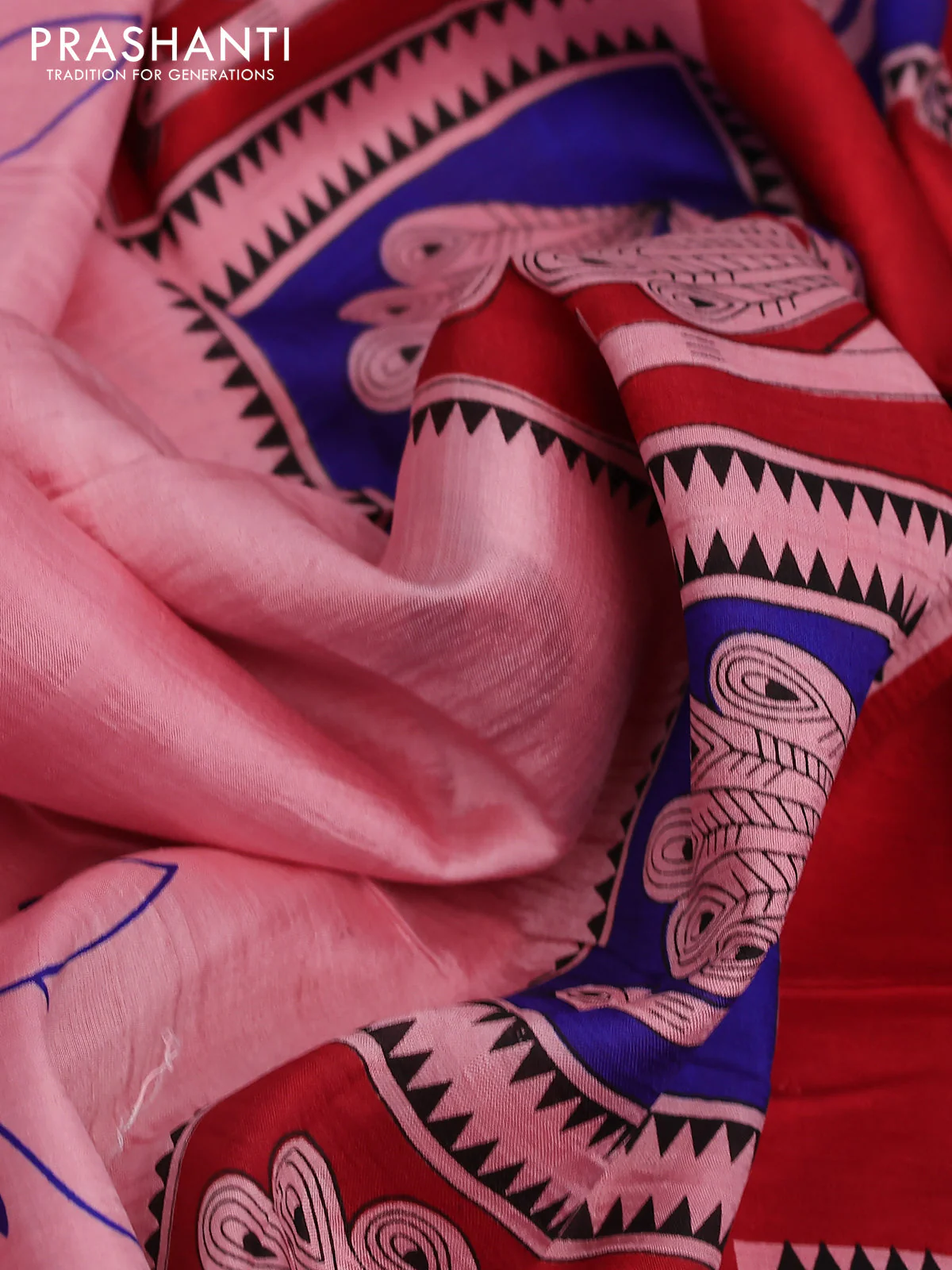 Bishnupuri silk saree peach pink and red blue with butta prints and printed border - Image 3