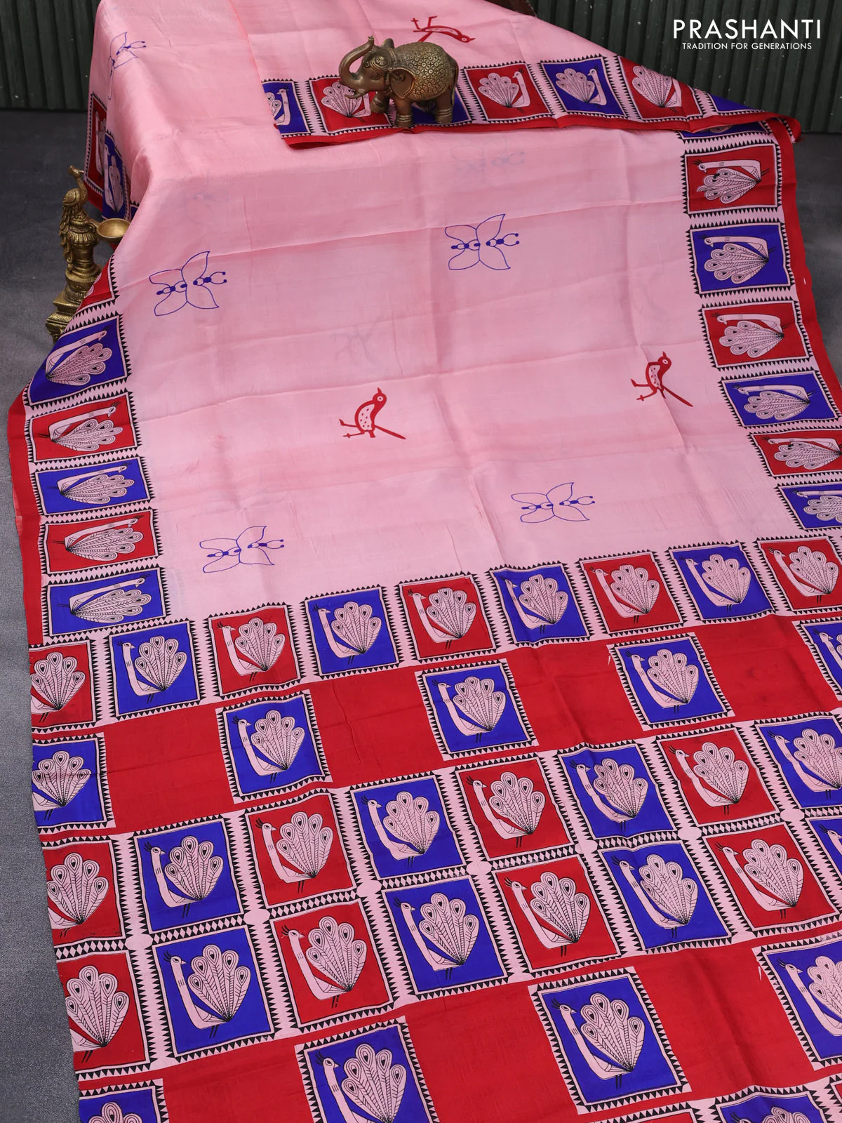 Bishnupuri silk saree peach pink and red blue with butta prints and printed border - Image 2
