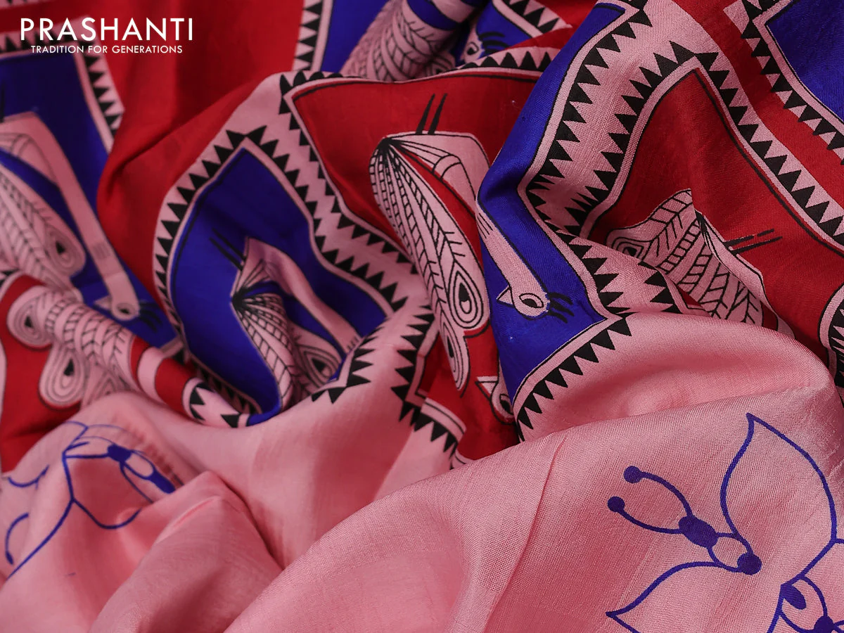 Bishnupuri silk saree peach pink and red blue with butta prints and printed border - Image 3