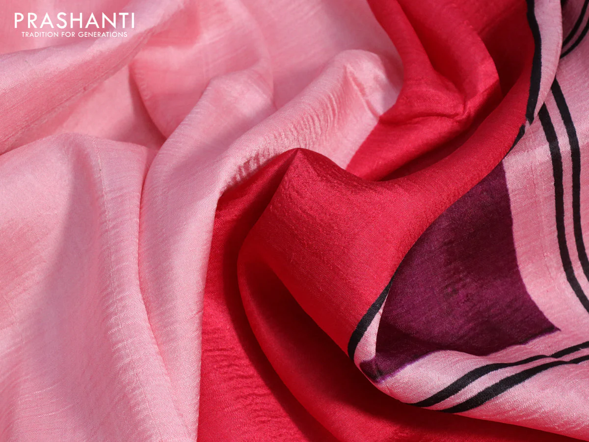 Bishnupuri silk saree peach pink and red with butta prints and printed border - Image 3