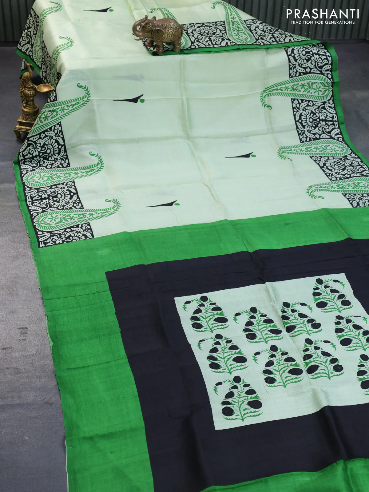 Bishnupuri silk saree pista green and green with butta prints and printed border - Image 2