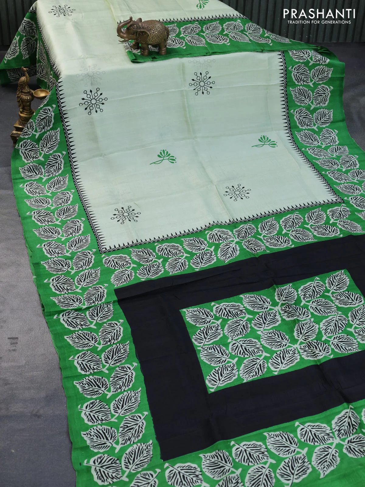 Bishnupuri silk saree pista green and green with butta prints and printed border - Image 2