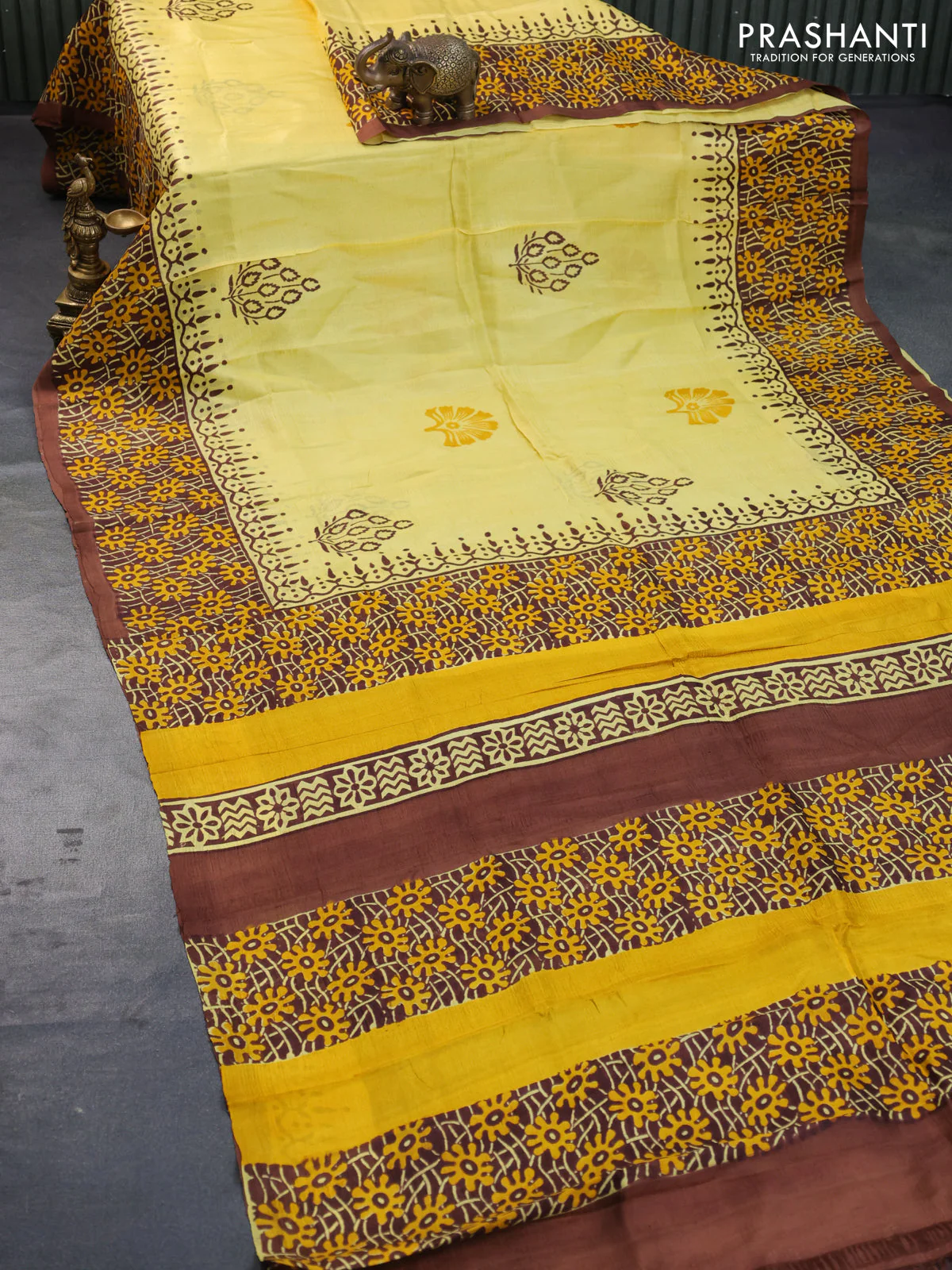 Bishnupuri silk saree yellow and brown with butta prints and printed border - Image 2