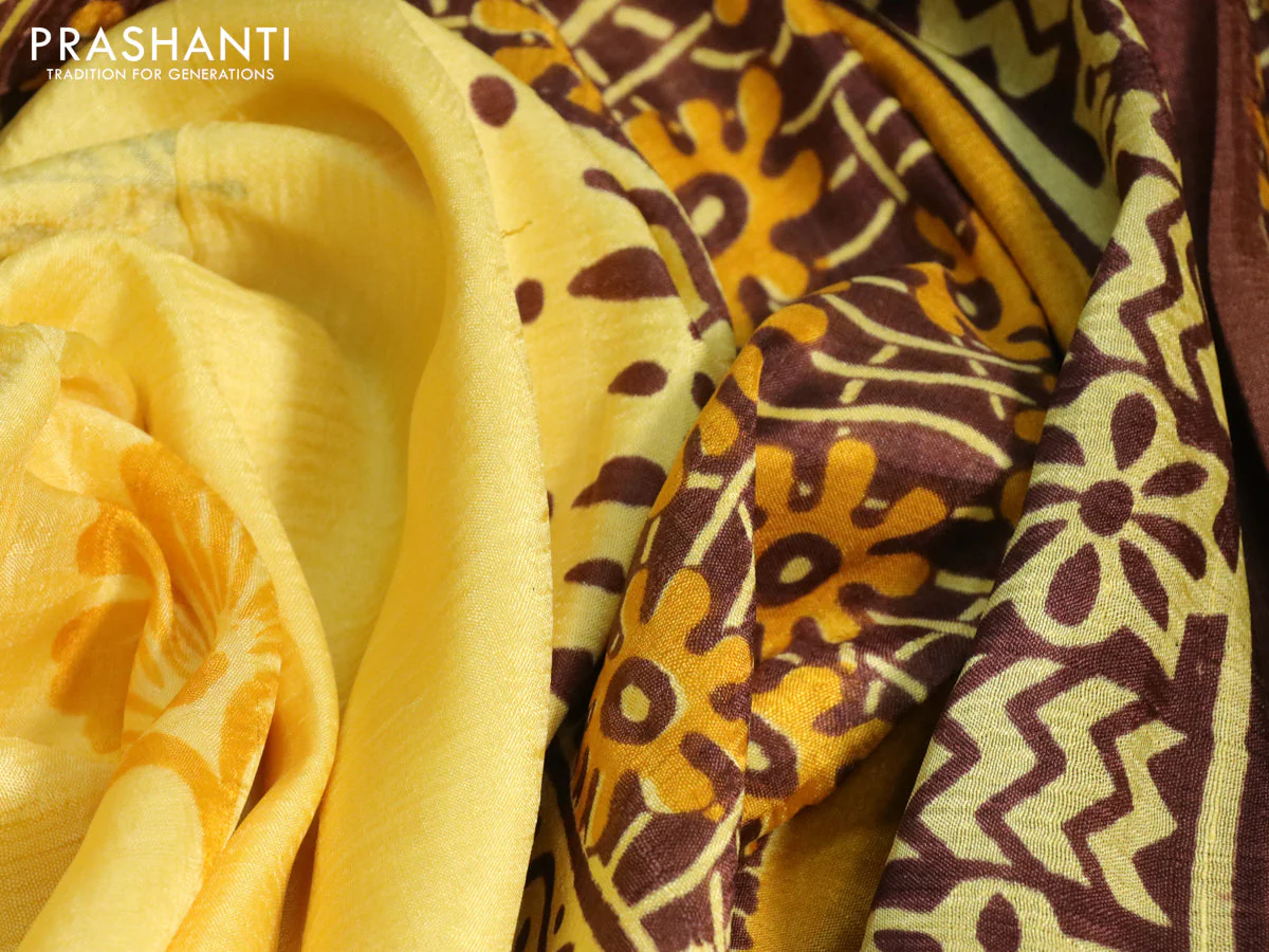 Bishnupuri silk saree yellow and brown with butta prints and printed border - Image 3