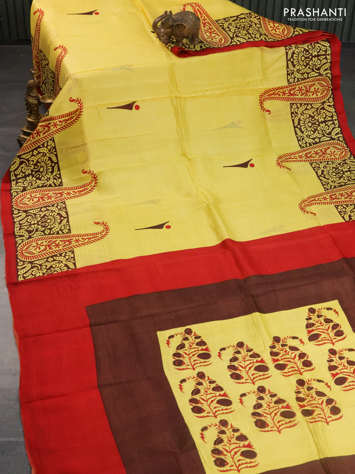 Bishnupuri silk saree yellow and brown with butta prints and printed border - Image 2