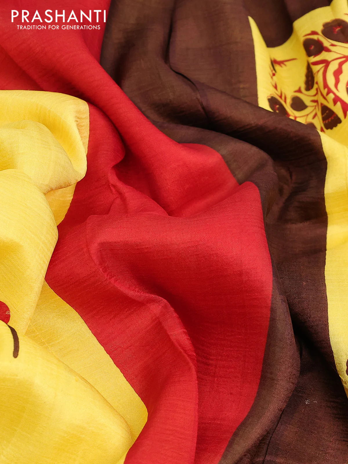 Bishnupuri silk saree yellow and brown with butta prints and printed border - Image 3