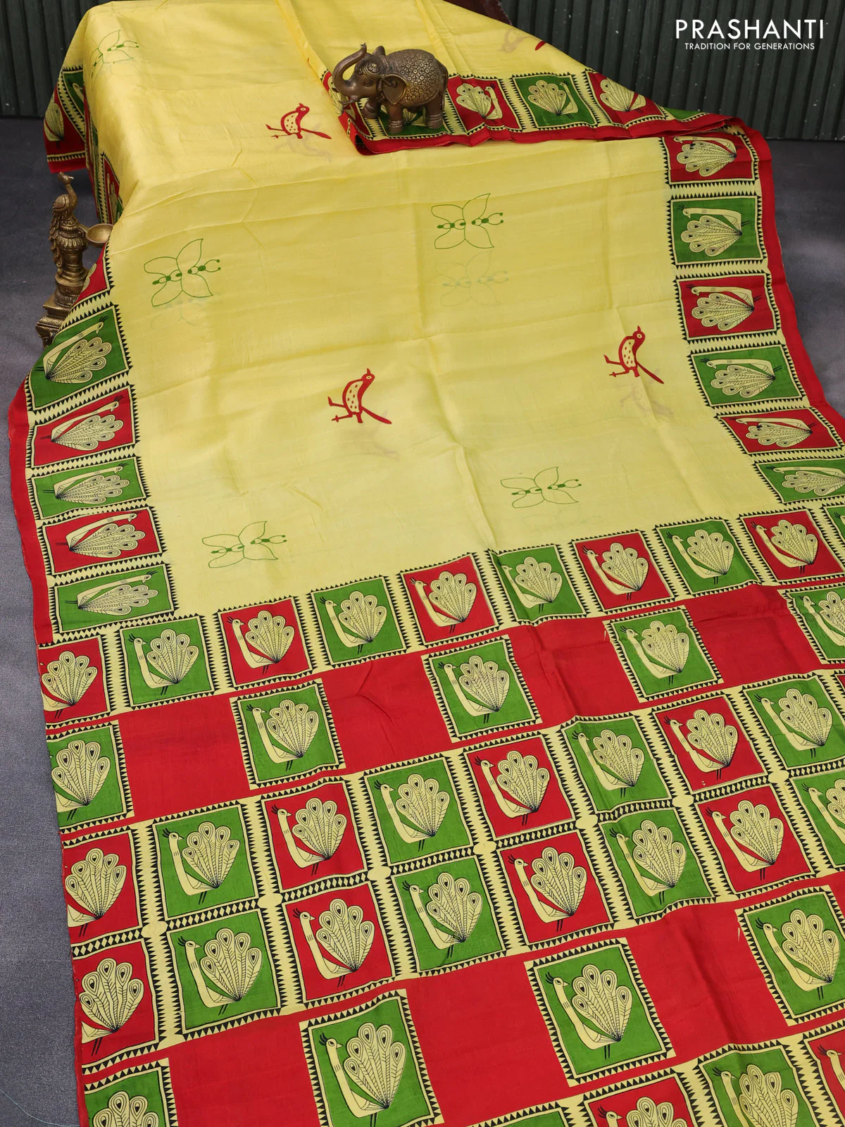 Bishnupuri silk saree yellow and green red with butta prints and printed border - Image 2
