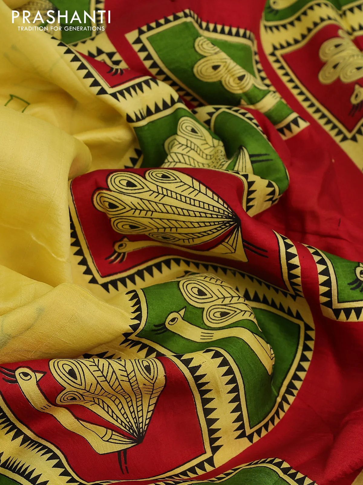 Bishnupuri silk saree yellow and green red with butta prints and printed border - Image 3