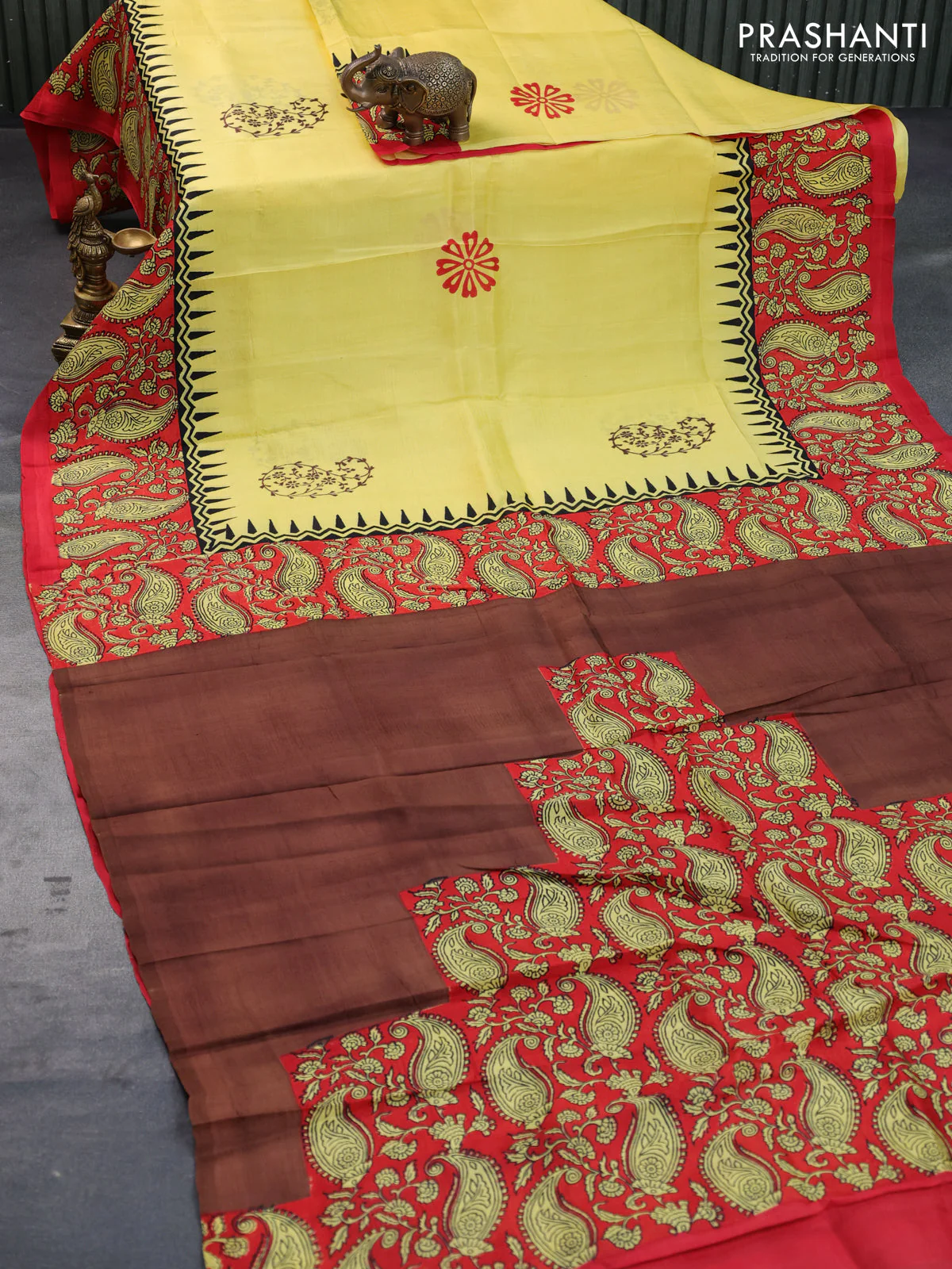 Bishnupuri silk saree yellow and red with butta prints and printed border - Image 2