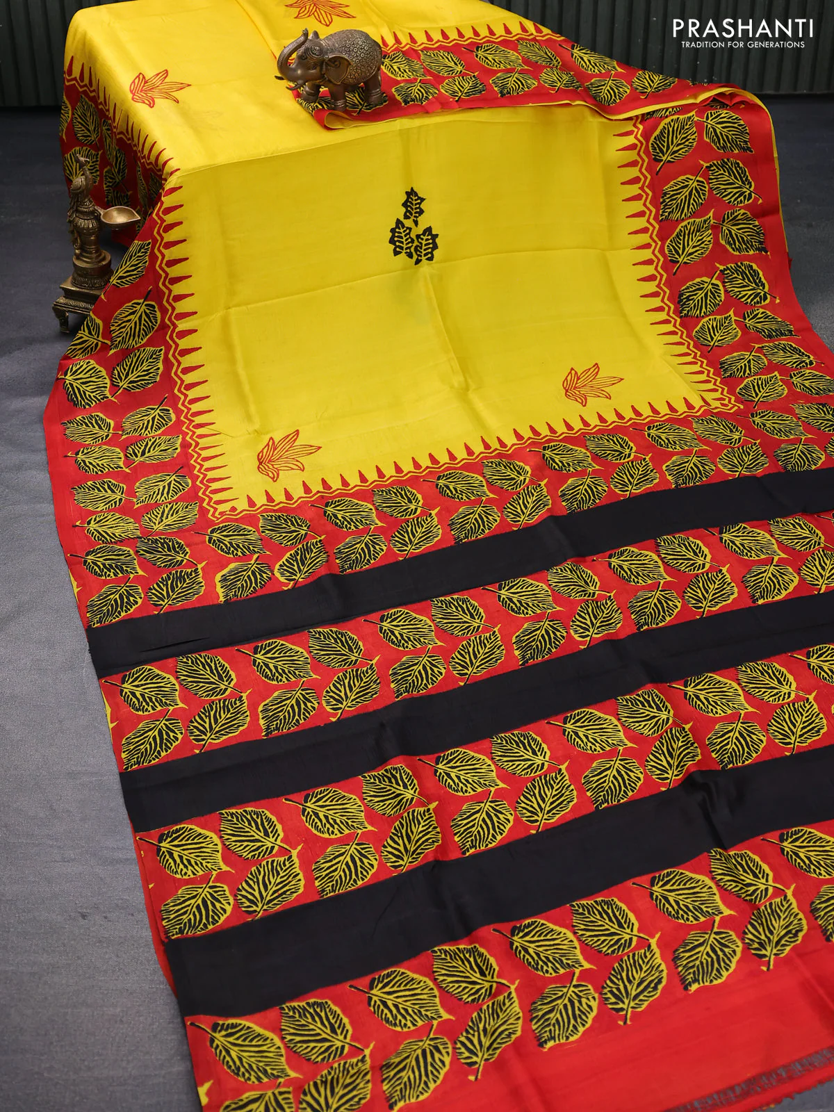Bishnupuri silk saree yellow and red with butta prints and printed border - Image 2