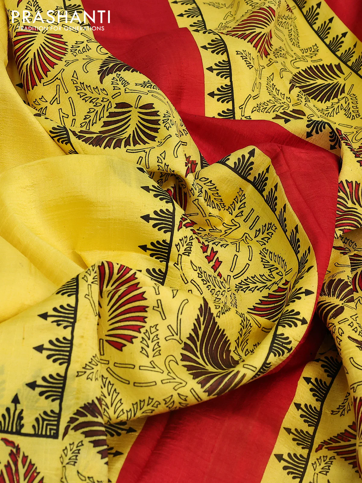 Bishnupuri silk saree yellow and red with butta prints and printed border - Image 3