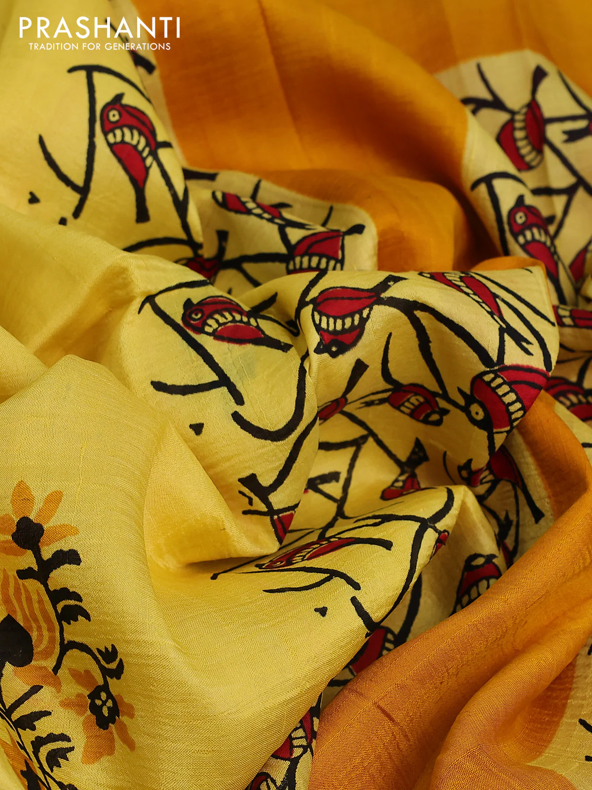 Bishnupuri silk saree yellow and red with butta prints and printed border - Image 3