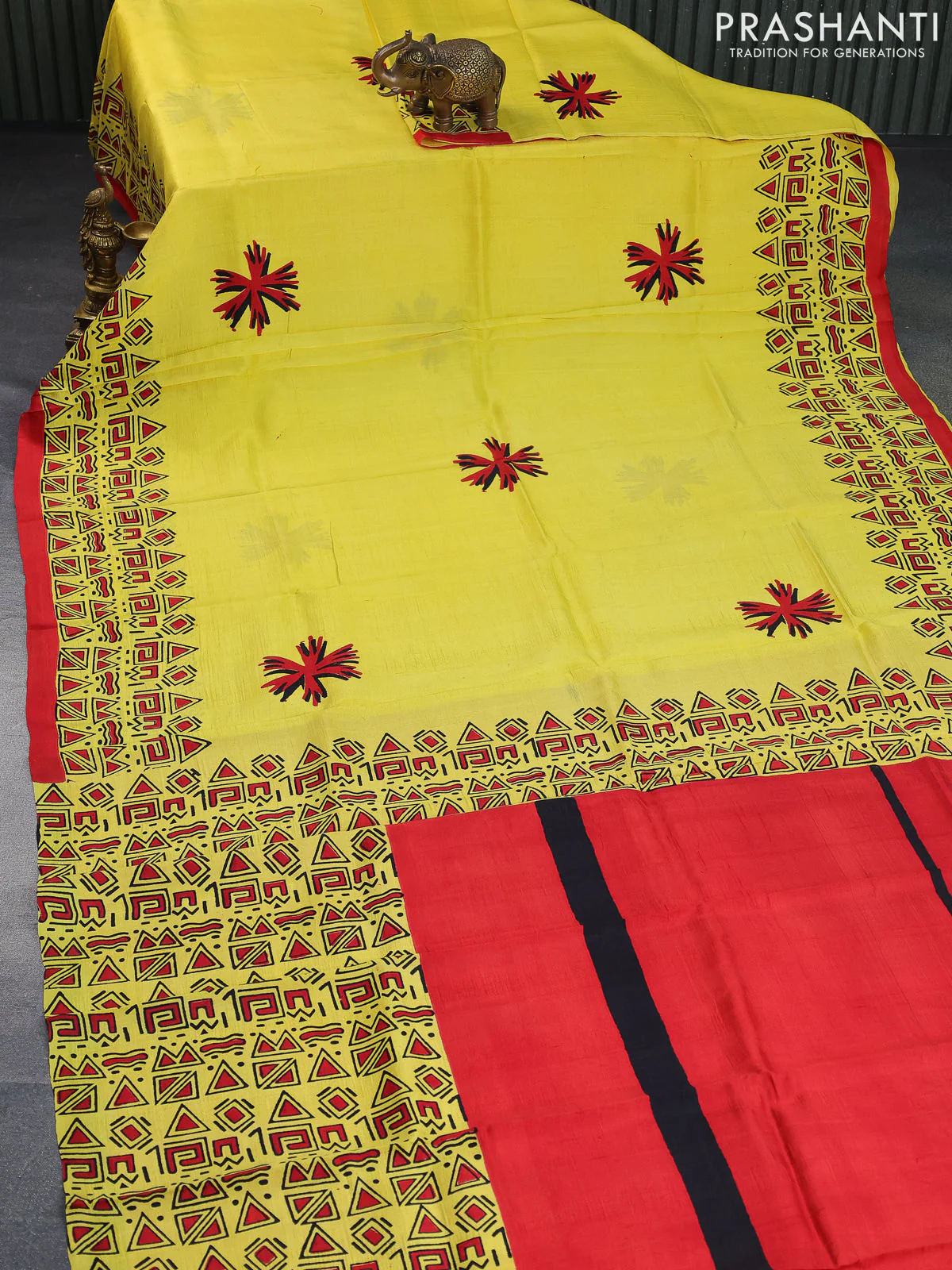 Bishnupuri silk saree yellow and red with butta prints and printed border - Image 2
