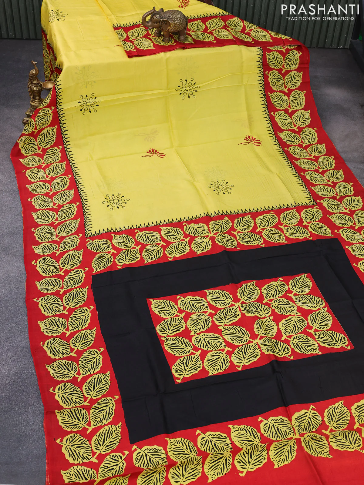Bishnupuri silk saree yellow and red with butta prints and printed border - Image 2