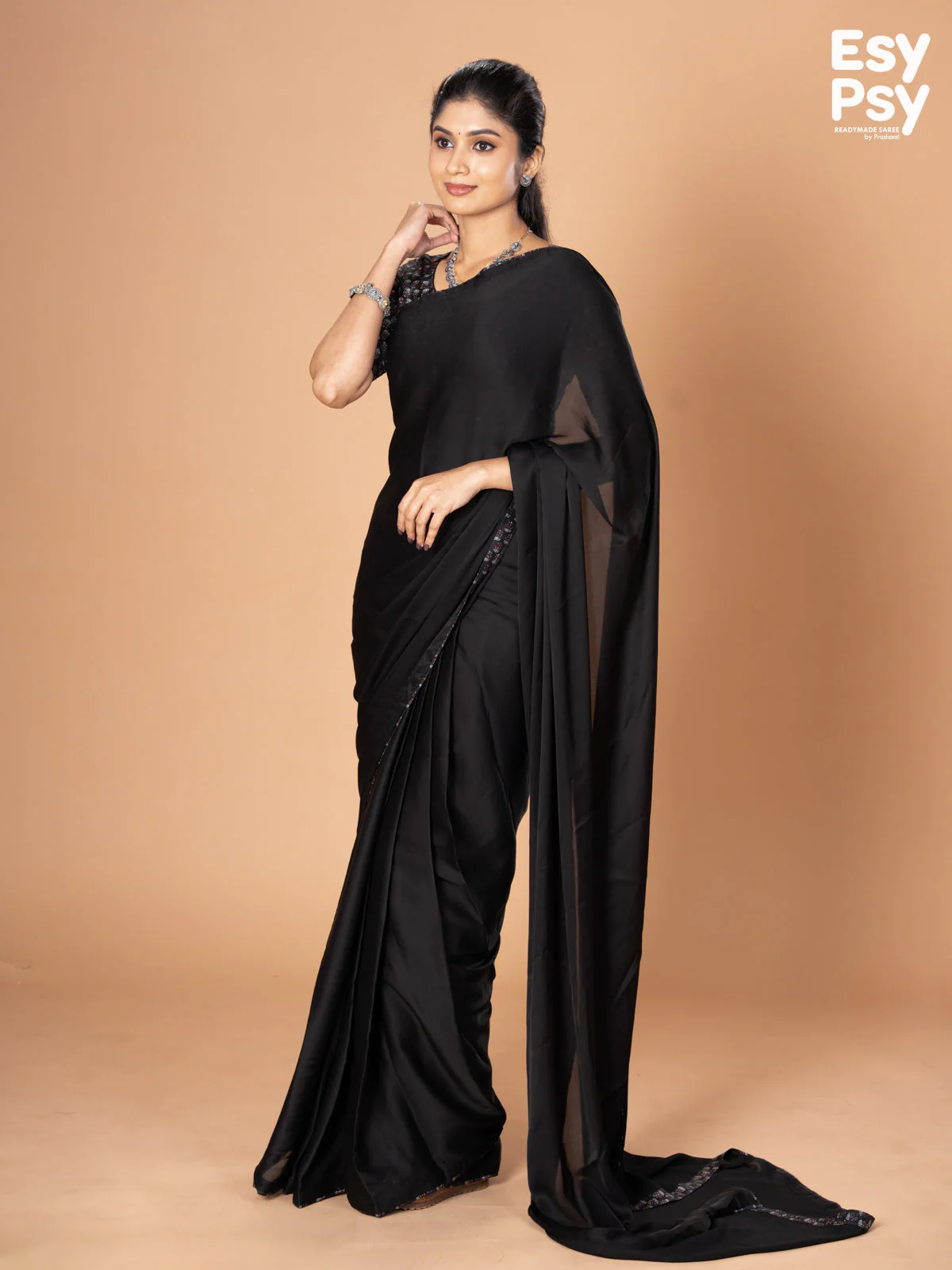 Black Satin Crepe readymade saree with readymade ajrakh printed blouse - Image 2