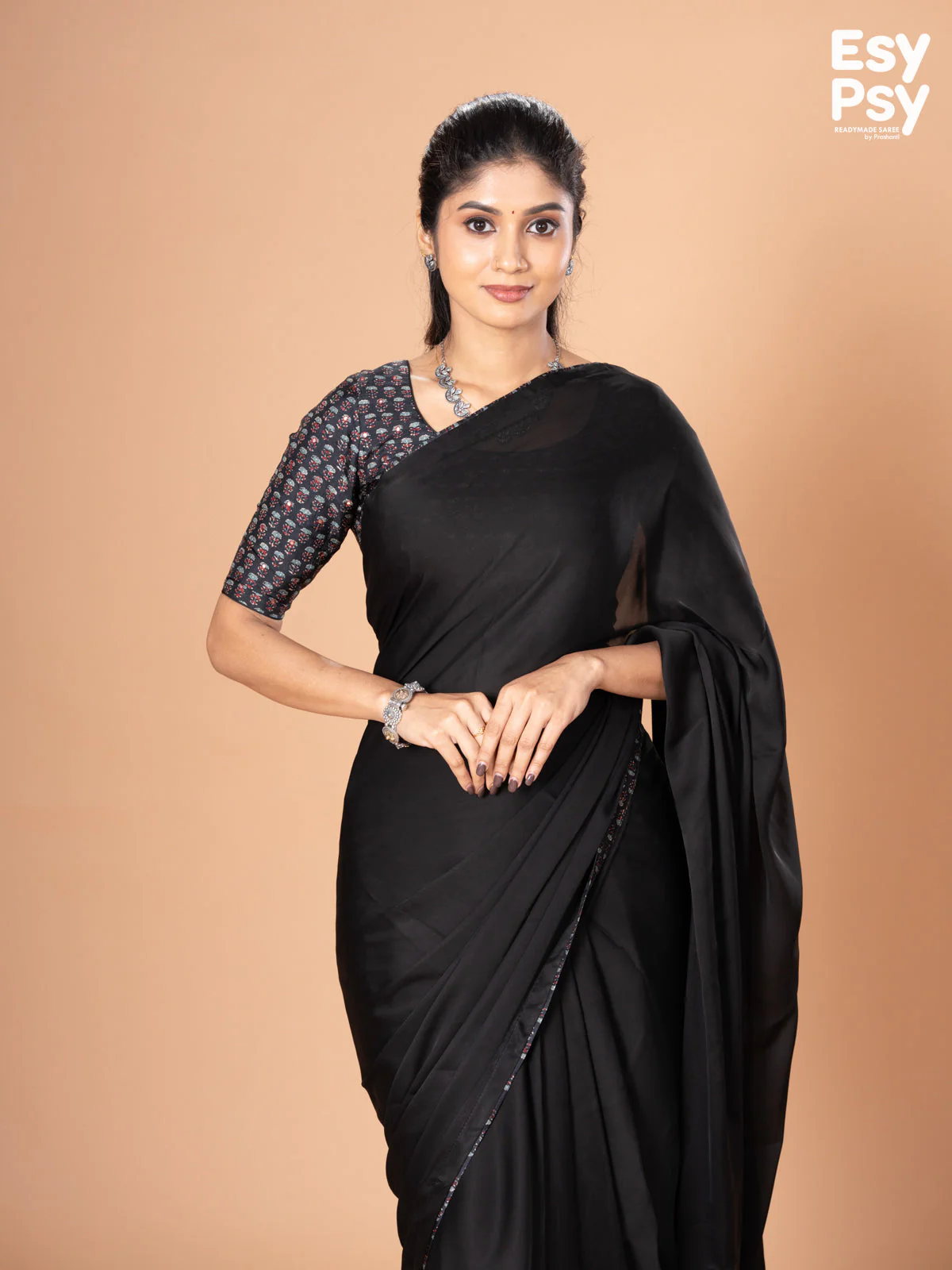 Black Satin Crepe readymade saree with readymade ajrakh printed blouse - Image 3